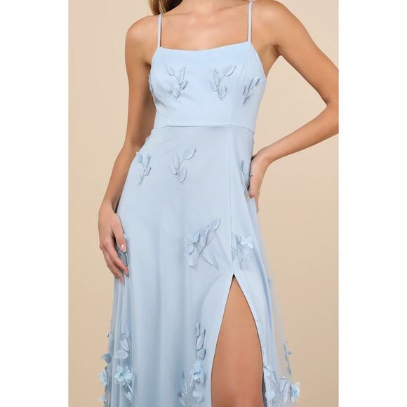 Lulus NWOT Abundant Charm Light Blue 3D Floral Applique Sheer Maxi Dress XL - Picture 4 of 10